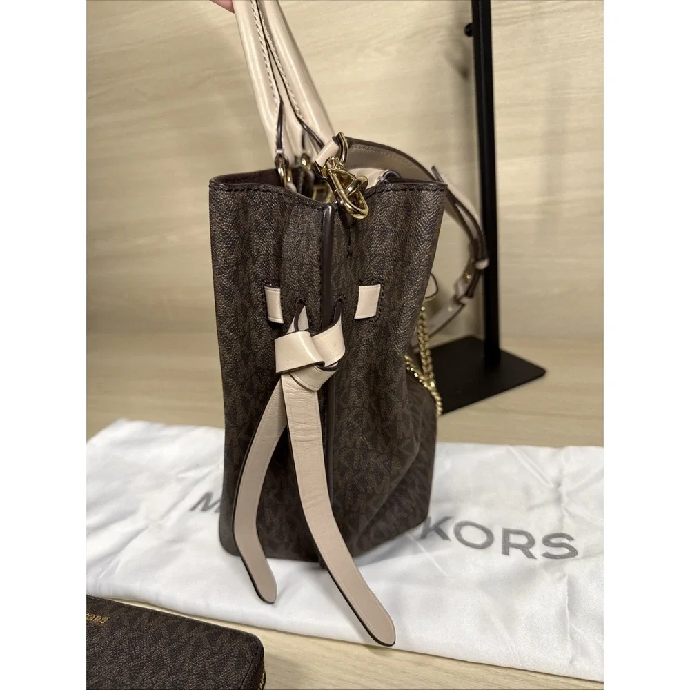 Michael Kors Hamilton Legacy Sm Logo Belted Satchel Pink Brown Crossbody &Wallet